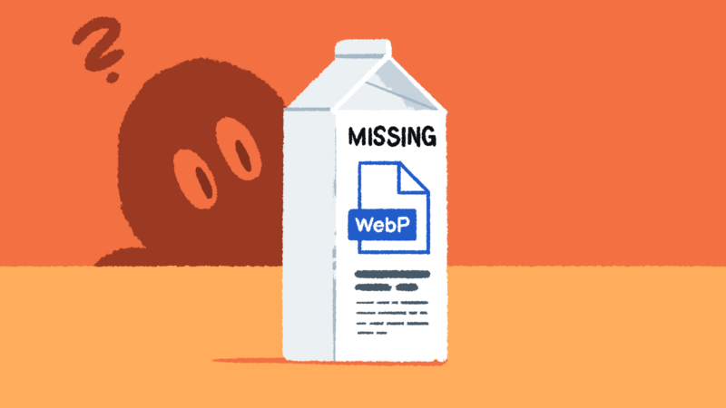 A cartoon figure looks inquisitively at a milk carton, which includes a notice that the WebP image format is missing.