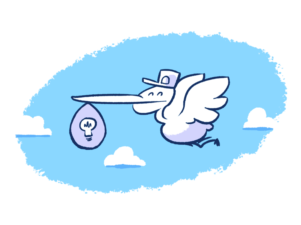 A stork happily carries a little bundle of ideas