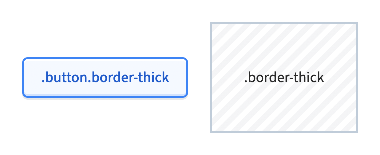 Both example elements now appear correct. The button's border has been thickened by the utility but is otherwise unchanged, whereas the initially borderless element has a default color applied.