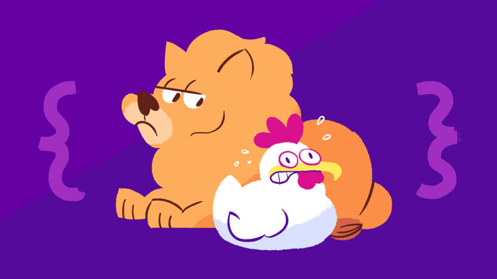 A calm lion (representing "courageous overrides") looks non-plussed at a chicken (representing "cowardly defaults") who appears cartoonishly nervous. They are flanked by CSS selection brackets.
