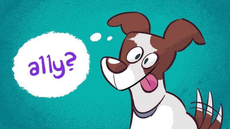 A brown and white dog with a goofy grin and its tongue sticking out asks, 