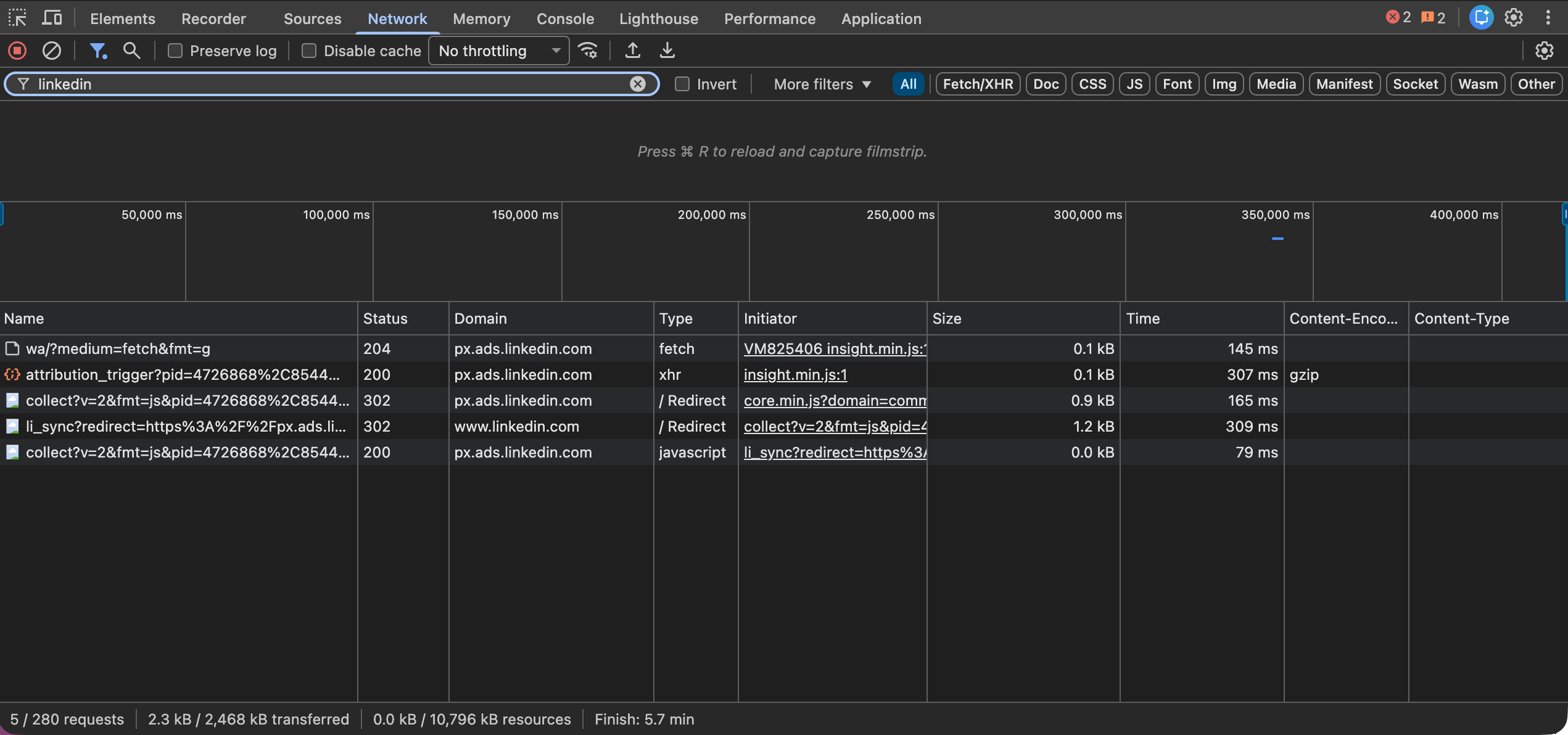 Network panel in Dev Tools filtered to only show assets coming from Linkedin.