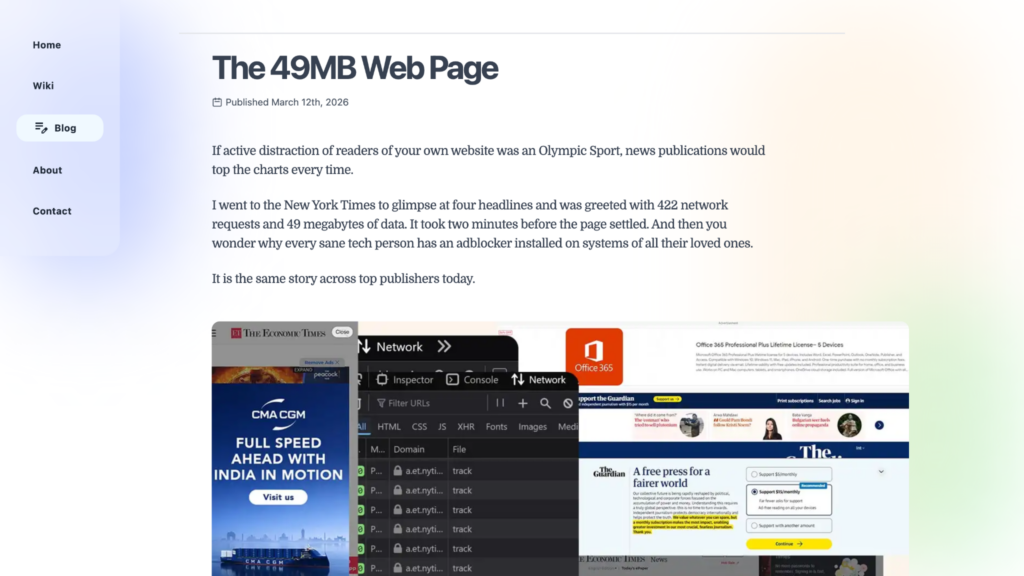 A screenshot of Shubham Bose's article entitled "The 49MB Web Page." 